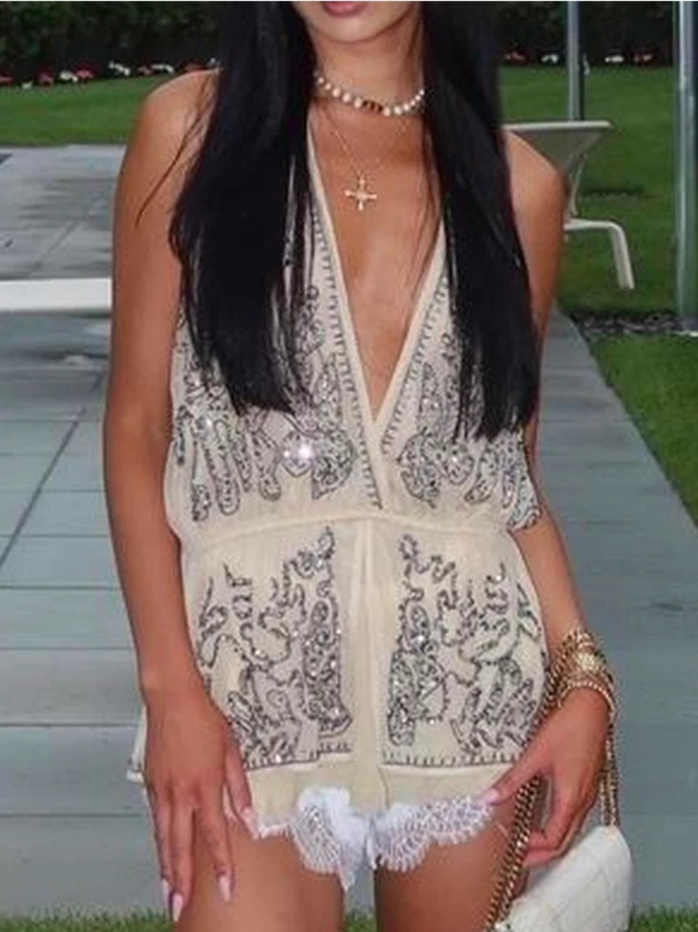 Zara Cream Embellished Deep V Lace-Trim Romper